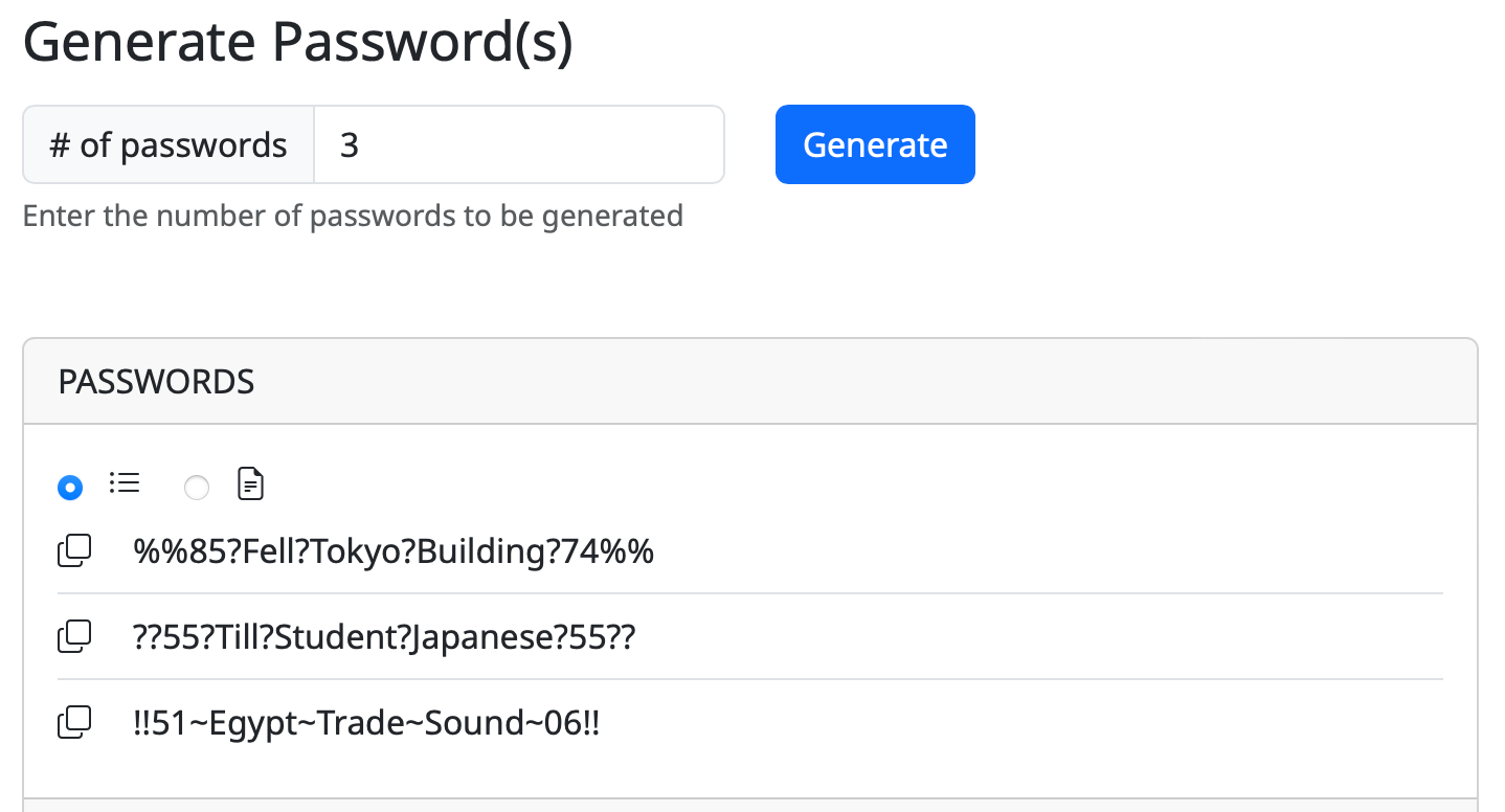 3 passwords created according to the configuration described above